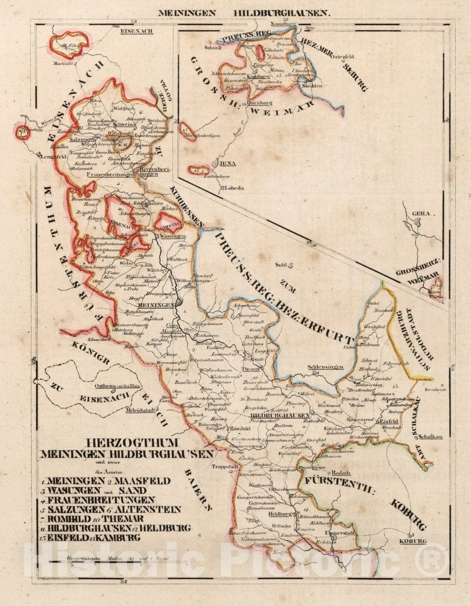 Historic Map : Germany, V.2:6-10:VIII. Herzogthum Meiningen Hilburghausen: die Aemter: 1-7, 10-13,15, 1825 Atlas , Vintage Wall Art