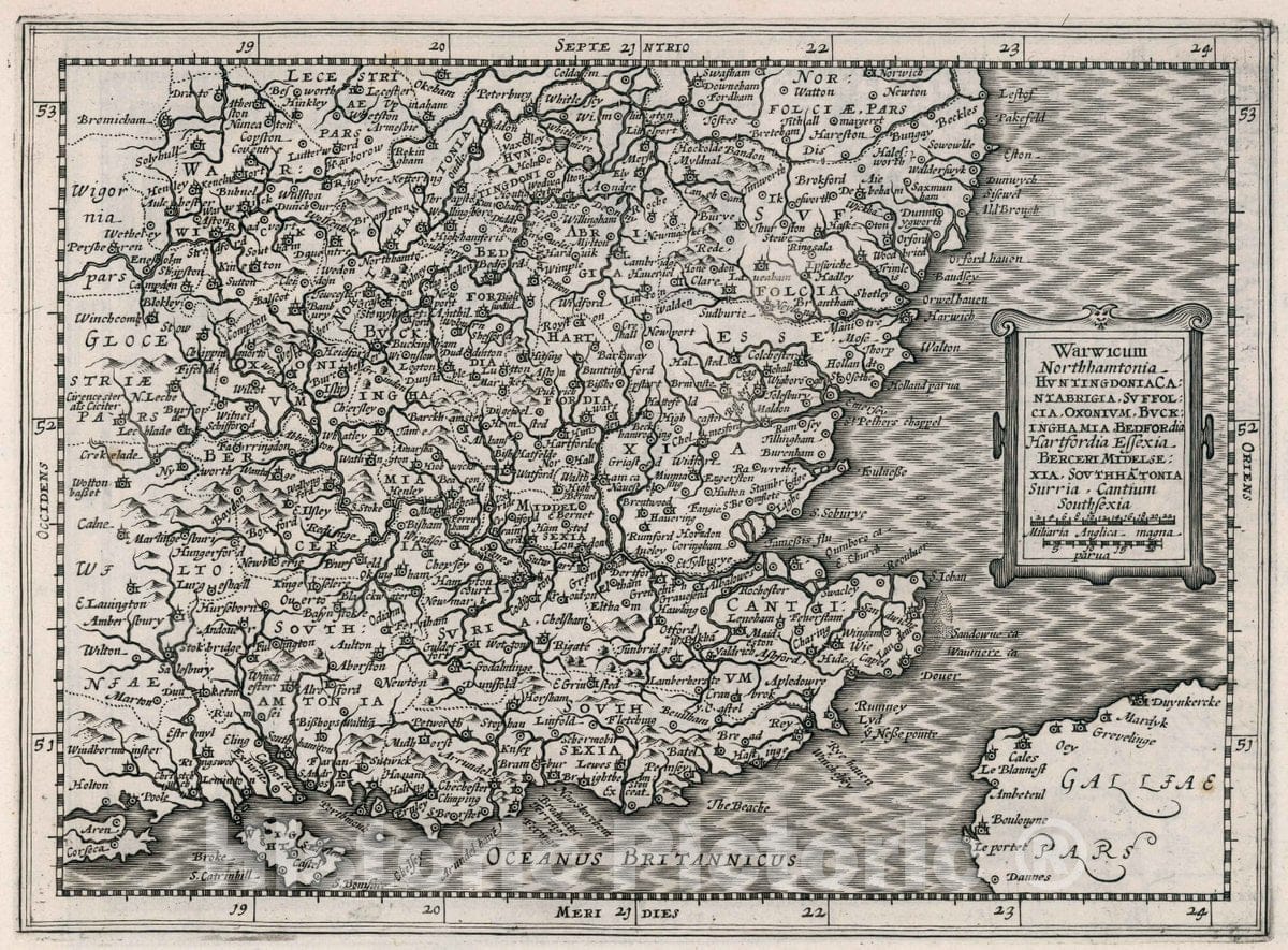 Historic Map : Warwicum, Northhamtonia, Huntingdonia, Cantabrigia, Suffolcia, Oxonium, Buckinghamia, 1595, Gerhard Mercator, Vintage Wall Art