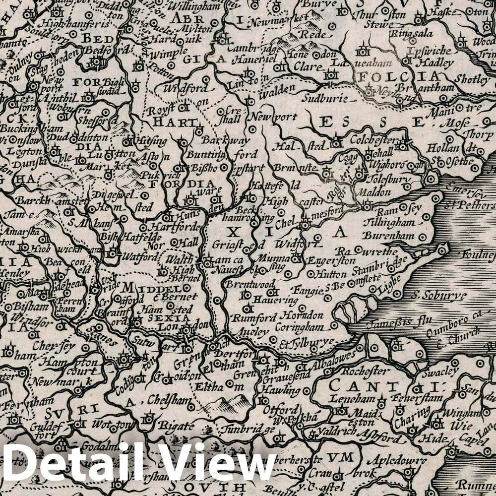Historic Map : Warwicum, Northhamtonia, Huntingdonia, Cantabrigia, Suffolcia, Oxonium, Buckinghamia, 1595, Gerhard Mercator, Vintage Wall Art