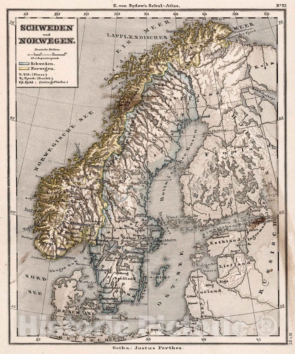 Historic Wall Map : Sweden, 27. Schweden und Norwegen. (Sweden and Norway.), 1872 Atlas , Vintage Wall Art