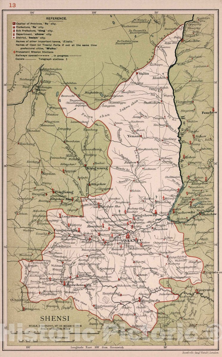 Historic Map : 1908 National Atlas - Shensi. Stanford's Geographical Establishment - Vintage Wall Art