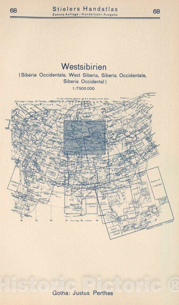 Historic Map : 1925 Index Map: 68. Westsibirien. West Siberia. - Vintage Wall Art