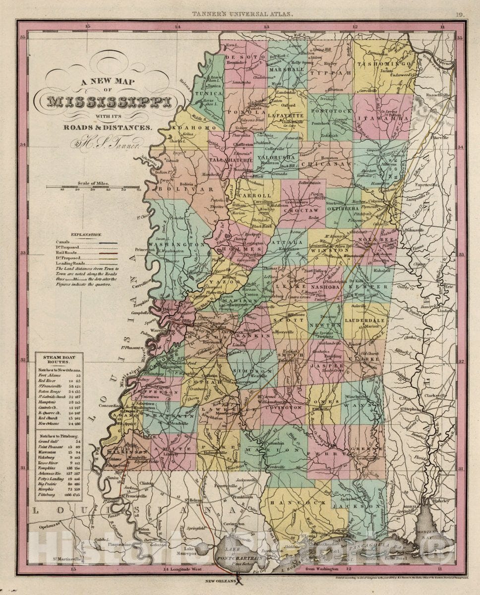 Historic Map : A New Map of Mississippi with its Roads & Distances. By H.S. Tanner., 1836, Henry Schenk Tanner, Vintage Wall Art