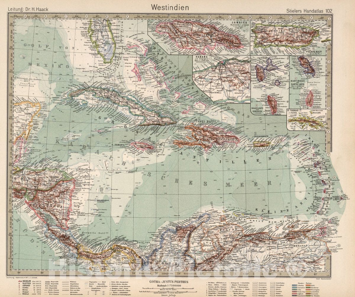 Historic Map : 102. Westindien. West India. (insets) (Jamaica. Puerto Rico. Havana. Guadeloupe and Dominica. Martinique and Santa Lucia. St. Thomas.), 1925 Atlas - Vintage Wall Art