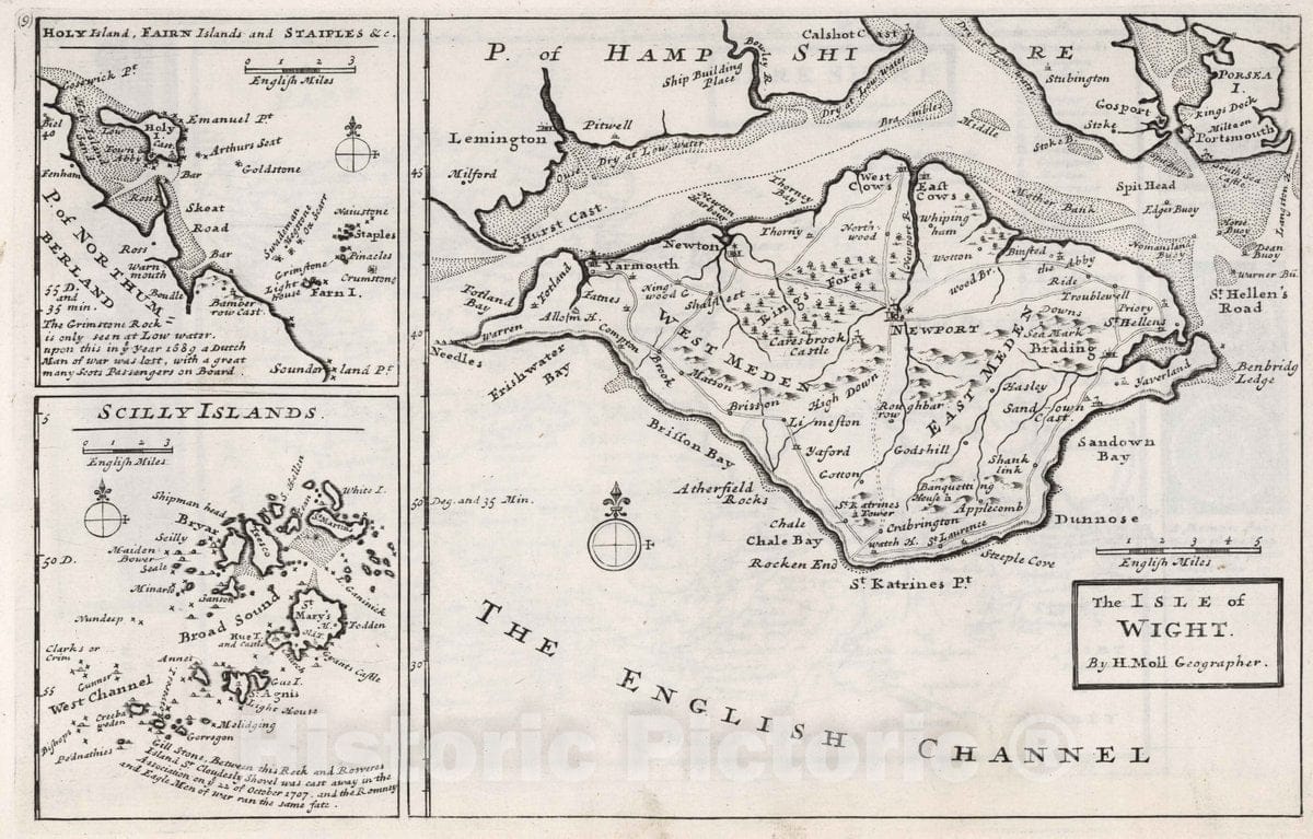 Historic Map : 1724 National Atlas - The Isle of Wight. by H.Moll Geographer - Vintage Wall Art