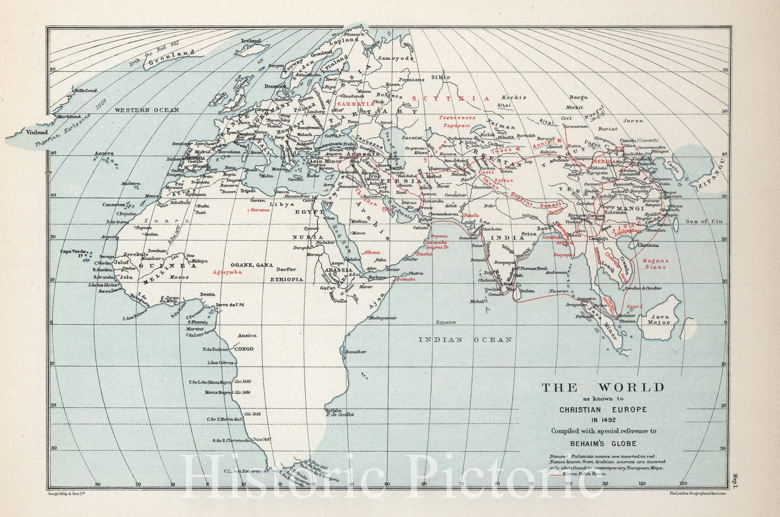 Historic Wall Map : Map 1. The World as Known to Christian Europr in 1492, Compiled with Special Reference to Behaim's Globe, 1908 - Vintage Wall Art