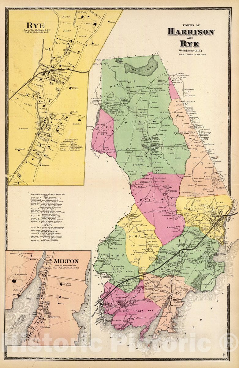 Historic Map : Harrison, Rye towns., 1868, Vintage Wall Decor