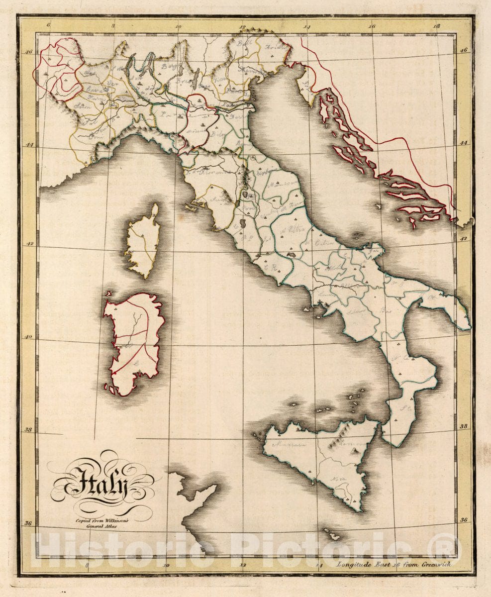 Historic Map : Italy. Copied from Wilkinson's General Atlas, 1815 Atlas - Vintage Wall Art