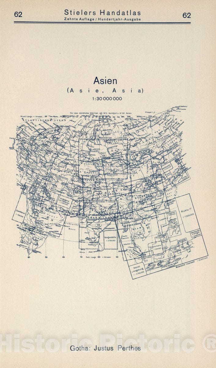Historic Wall Map : 1925 (Index Map) 62. Asien. Asia. - Vintage Wall Art