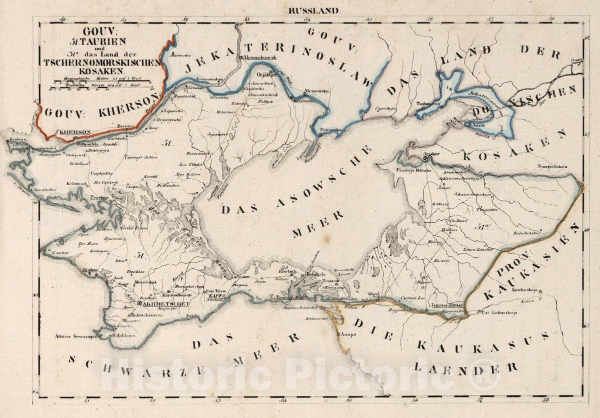 Historic Map : Russia, V.3:11-15:XIII. Russland. Gouv: 31. Taubien. 31a. das Land der Tschernomorskischen Kosaken, 1829 Atlas , Vintage Wall Art