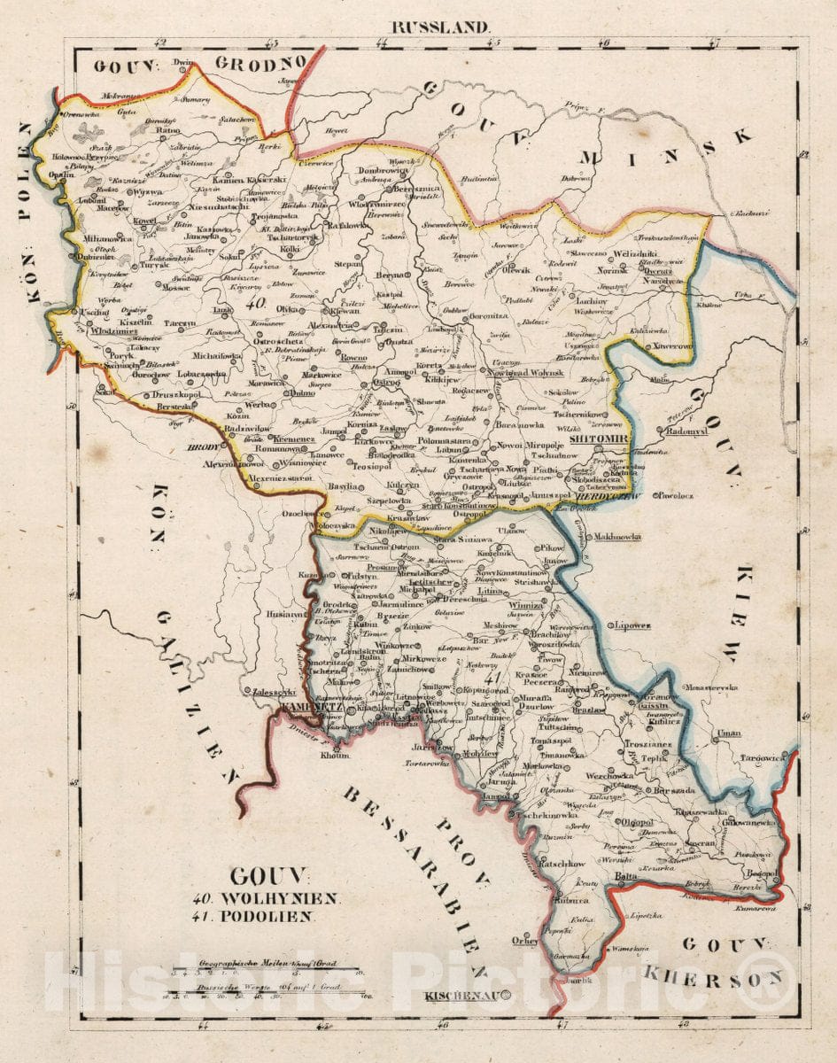 Historic Map : Russia, V.3:11-15:XIII. Russland. Gouv: 40. Wolhynien. 41. Podolien , Vintage Wall Art