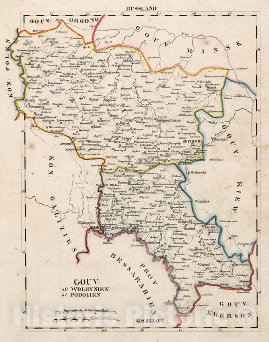 Historic Map : Russia, V.3:11-15:XIII. Russland. Gouv: 40. Wolhynien. 41. Podolien , Vintage Wall Art