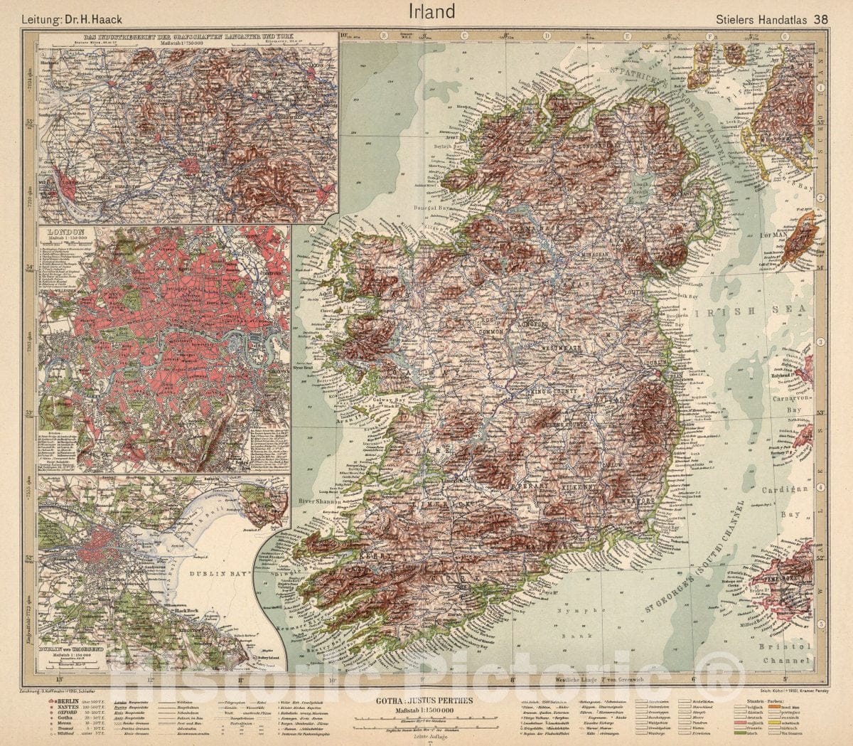 Historic Map : Ireland, 38. Irland. Ireland. (Insets) (Industrial Zone of Lancaster and York. London. Dublin.), 1925 Atlas , Vintage Wall Art
