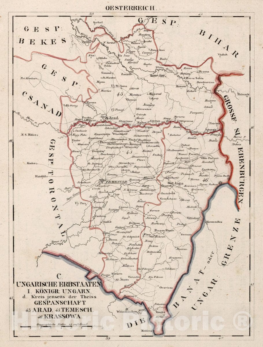 Historic Map : Austria, V.3:11-15:XII: 2. Oesterreich. C. Ungarische erbstaaten, I. Koenigr: Ungarn Gespanschaft 43, 45-46, 1828 Atlas , Vintage Wall Art