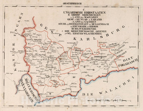 Historic Map : Austria, V.3:11-15:XII: 2. Oesterreich. C. Ungarische erbstaaten, II. Grossf: Siebenburgen. III. Militaergrenze, 1828 Atlas v2 , Vintage Wall Art