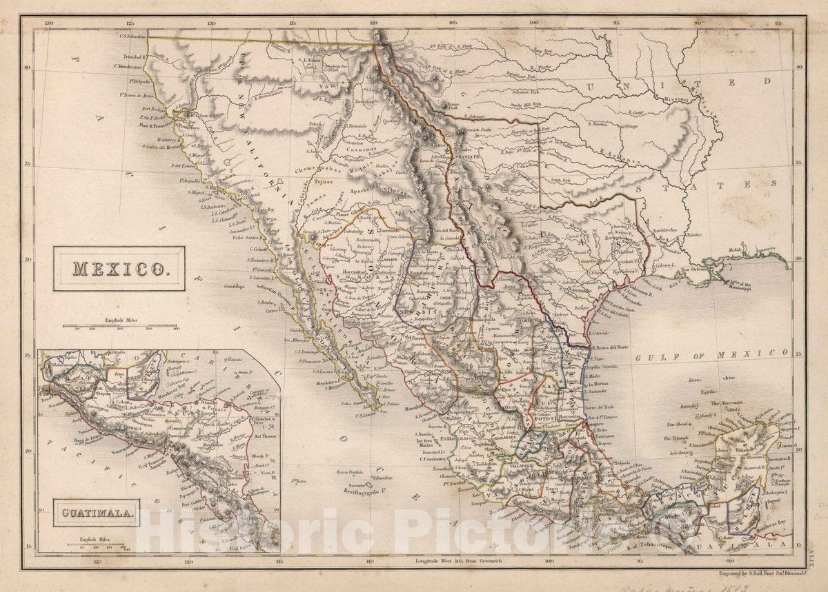 Historic Map : Mexico. (Inset) Guatemala, 1841 Atlas - Vintage Wall Art