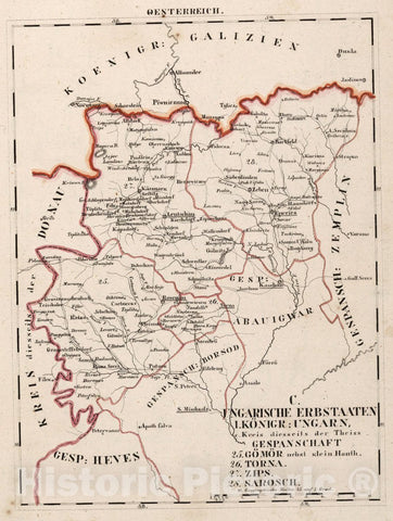 Historic Map : Austria, V.3:11-15:XII: 2. Oesterreich. C. Ungarische erbstaaten, I. Koenigr: Ungarn, Gespanschaft 25-28, 1828 Atlas , Vintage Wall Art