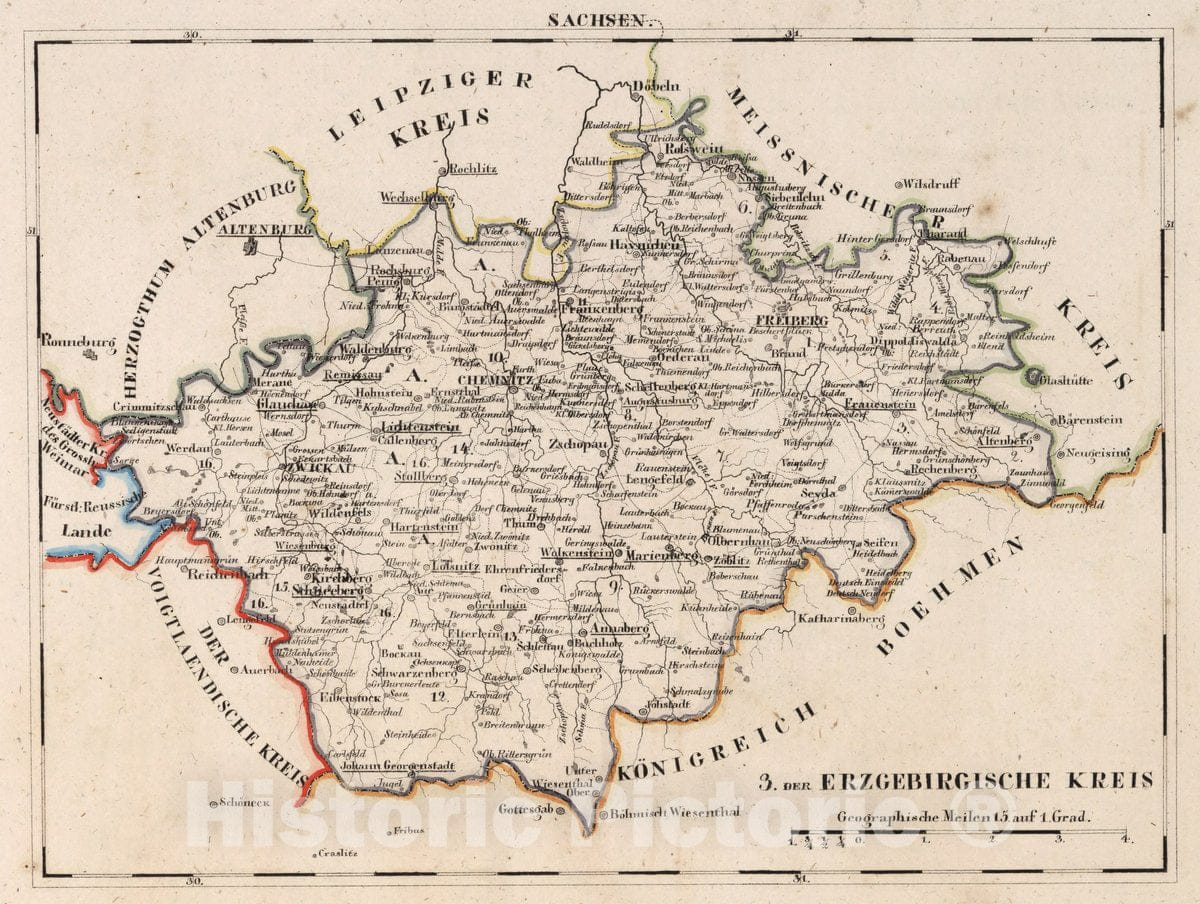Historic Map : Germany, V.2:6-10:VIII. Schsen. 3. Der Erzgebirgische Kreis, 1825 Atlas , Vintage Wall Art