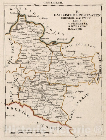 Historic Map : Austria, Eastern Europe V.3:11-15:XI:1.Oesterreich. B. Galizische Erbestaaten Koenigr: Galizien Kreis, 1828 Atlas v3 , Vintage Wall Art
