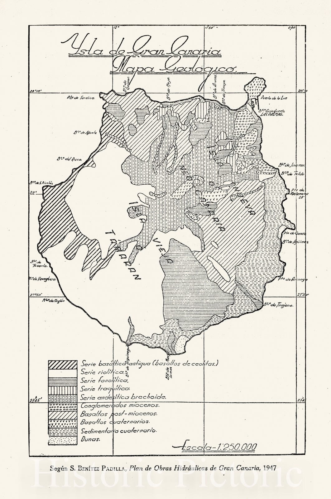 Historic Wall Map : Grand Canary (Canary Islands) Isla de Gran Canaria, Mapa Geologica. , Vintage Wall Art