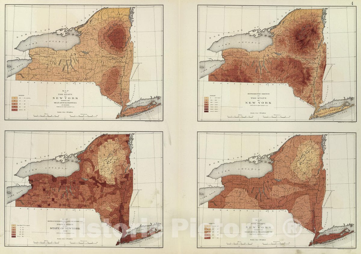Historic Map : NY rainfall, population, elevation, temperature., 1895, Vintage Wall Decor