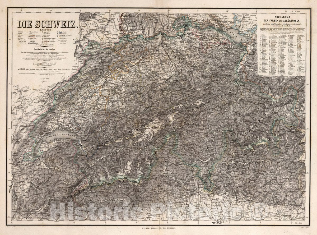 Historic Map : Switzerland, Die Schweiz. 1864, Vintage Wall Art