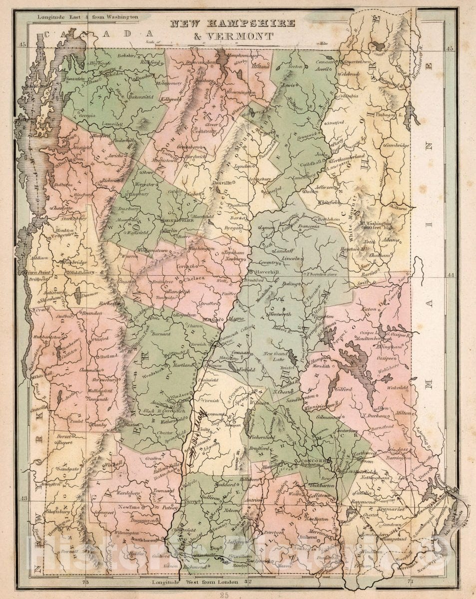 Historic Map : New Hampshire & Vermont, 1838 Atlas - Vintage Wall Art