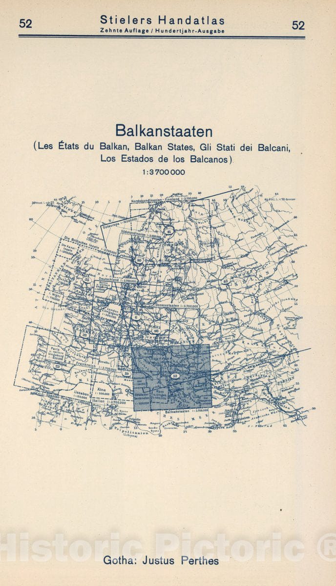 Historic Map : 1925 Index Map: 52. Balkanstaaten. Balkan States. - Vintage Wall Art