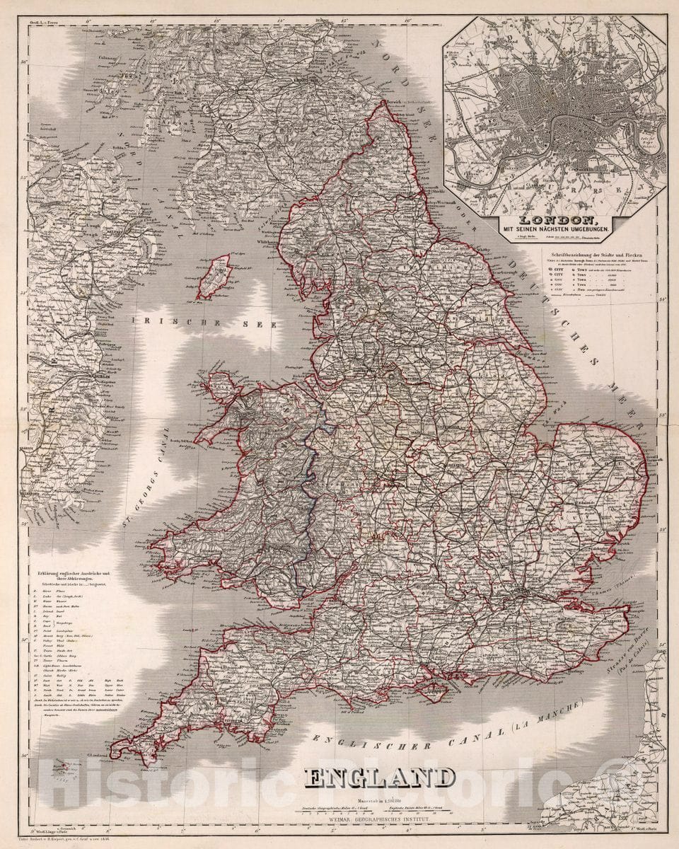 Historical Map : England. Unter redact v. H. Kiepert, gez. v. C. Graf, u. rev. 1856. Weimar: Geographisches Institut. (inset) London mit seinen nachsten Umgebungen. (t, 1856Vintage Wall Art