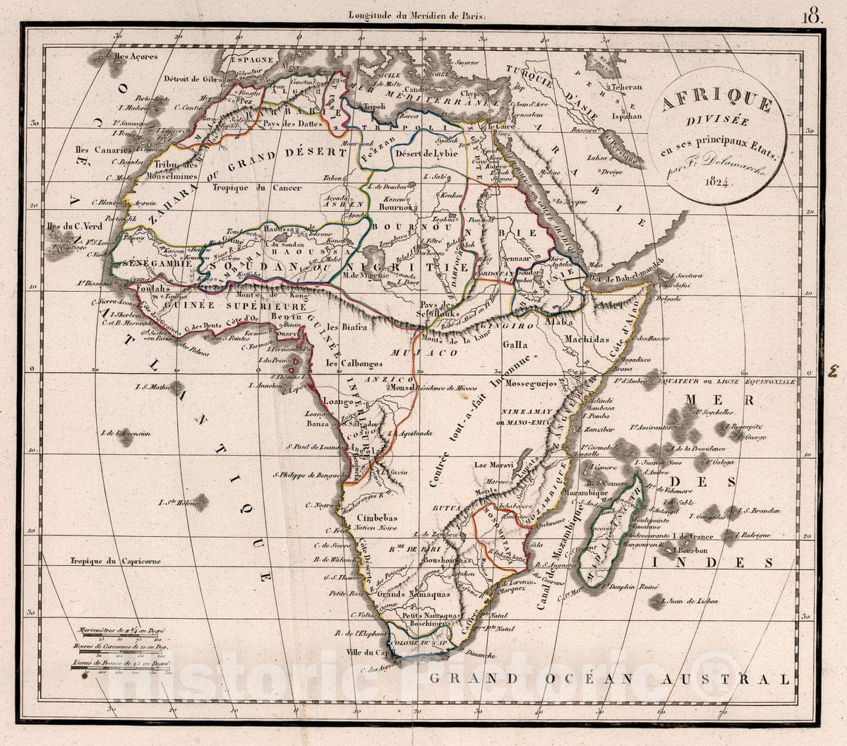Historic Map : Afrique Divisee en SES principaux Etats 1824, 1824 Atlas - Vintage Wall Art