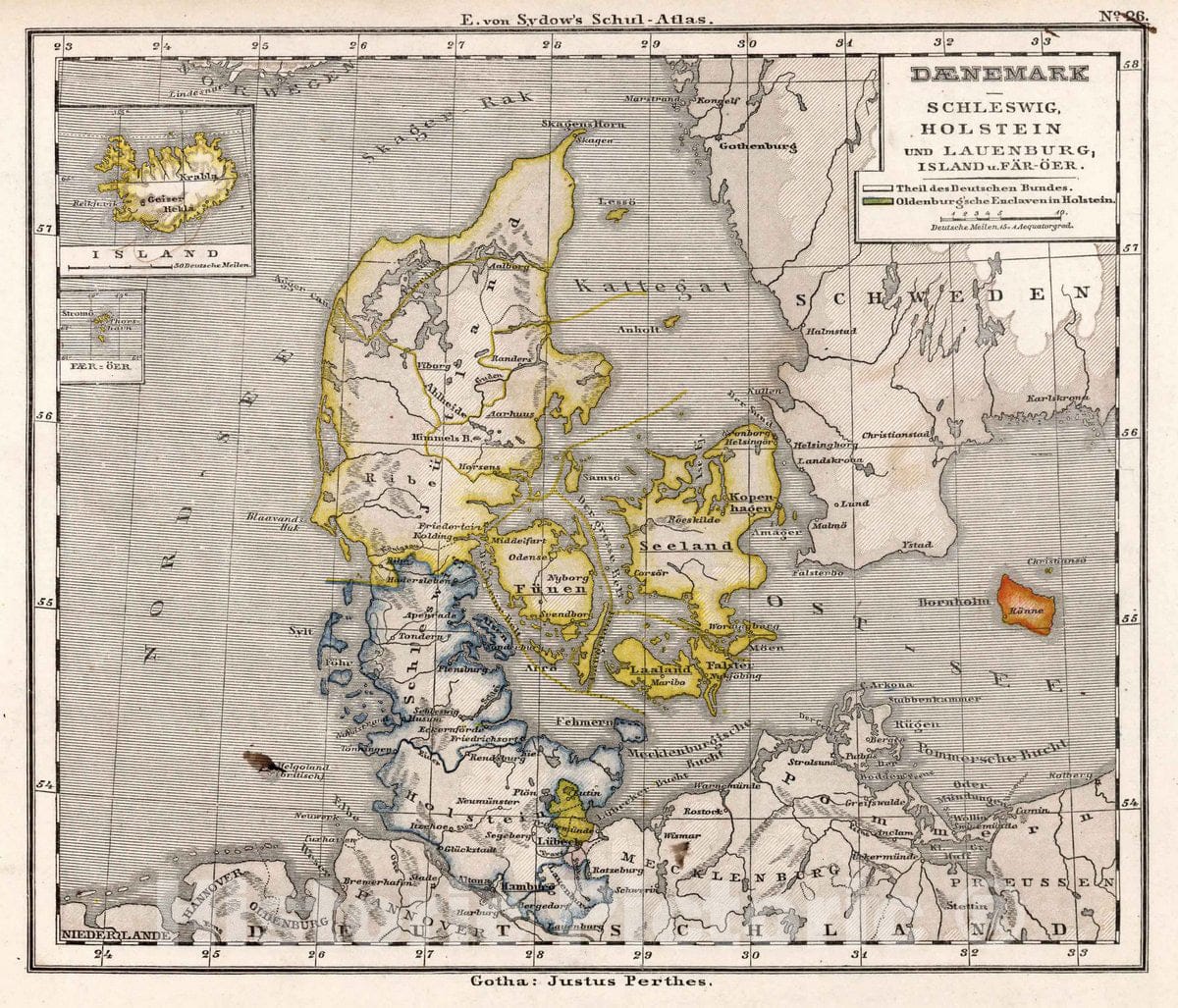 Historic Map : Denmark, Schleswig 26. Danemark. (Denmark). Schleswig, Holstein und Lauenburg, Island u. Faer-Oer. (Iceland.), 1872 Atlas , Vintage Wall Art