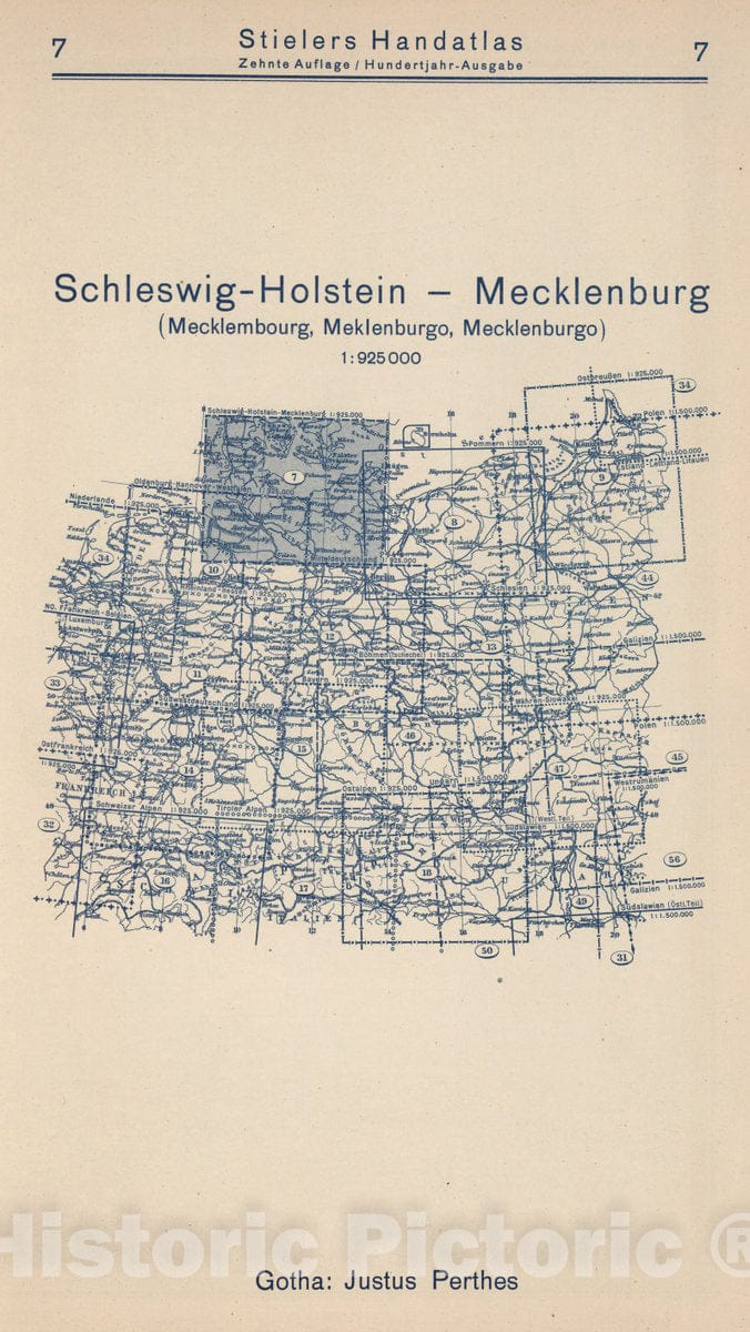 Historic Map : 1925 Index Map: 7. Schleswig-Holstein - Mecklenburg. - Vintage Wall Art