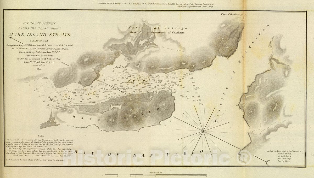 Historic Map : 1851 Chart - Mare Island Straits, California. U.S. Coast Survey, Triangulation by J.S. Williams and R.D. Cutts, assts, U.S.C.S. and Lt - Vintage Wall Art