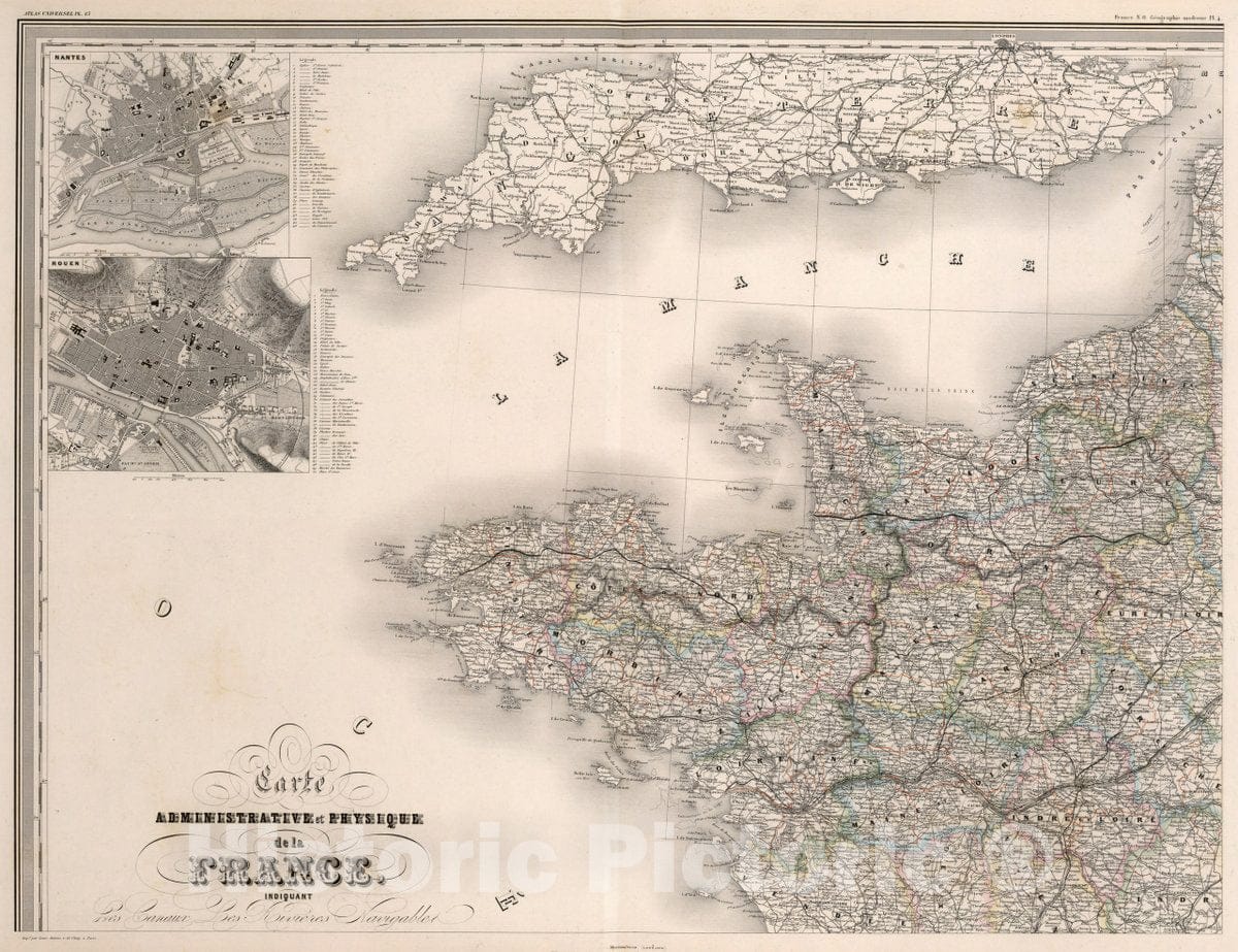 Historic Map : France, Carte physique de la France, indiquant les canaux les rivieres navigable : France, including the rivers, Roads, railways, 1863v1 , Vintage Wall Art