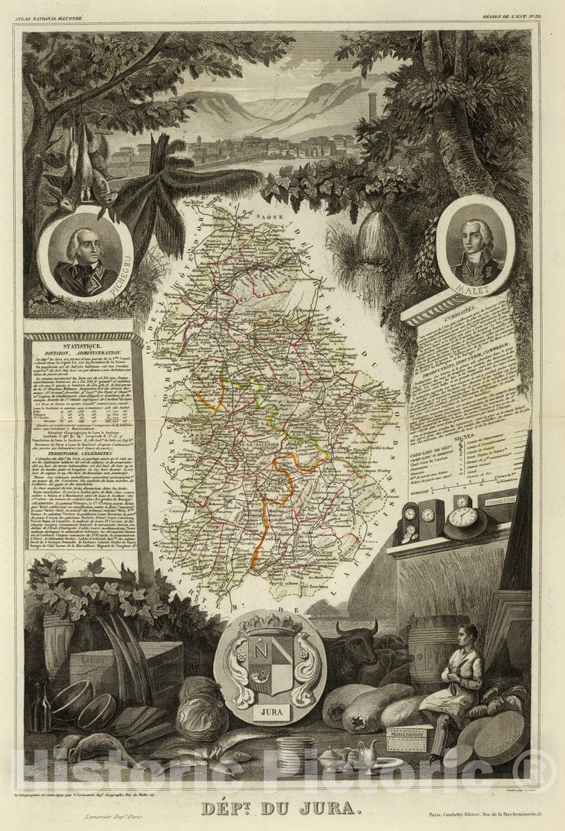 Historic Map : France, 1856 Dept. Du Jura. , Vintage Wall Art