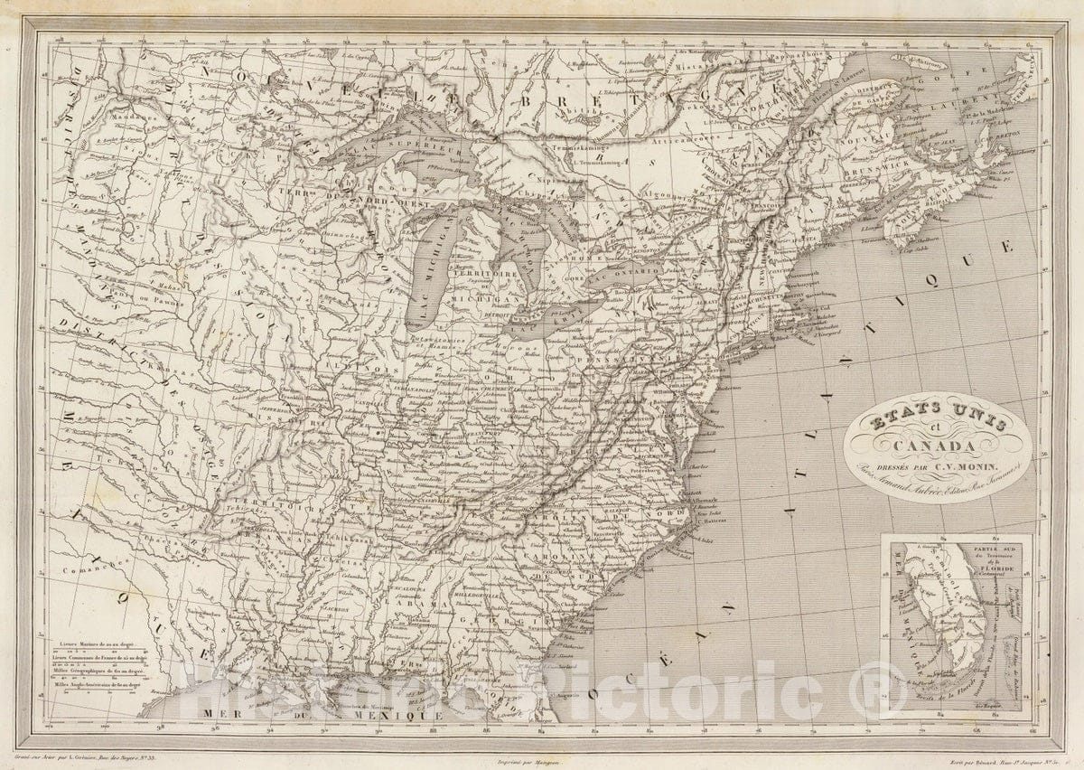 Historic Map : Canada; United States, Eastern States 1837 Etats Unis et Canada. , Vintage Wall Art