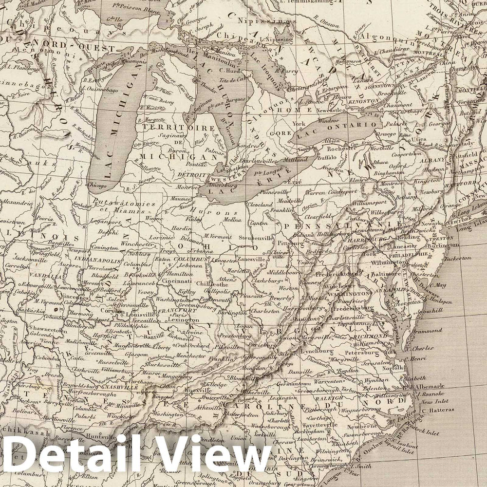 Historic Map : Canada; United States, Eastern States 1837 Etats Unis et Canada. , Vintage Wall Art