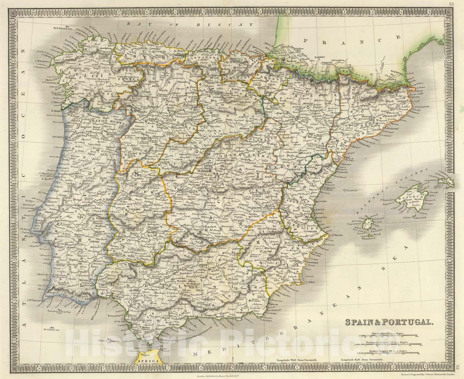 Historic Map : 1844 Spain & Portugal. - Vintage Wall Art