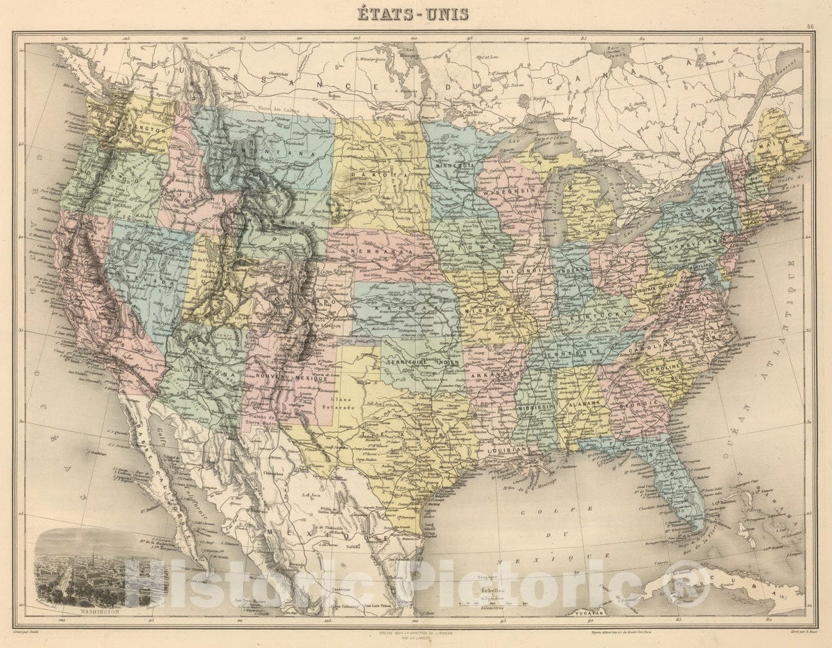 Historic Wall Map : United States, , North America 1892 Etats-Unis. , Vintage Wall Art