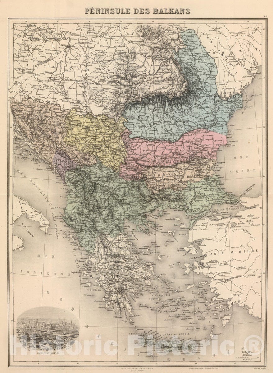 Historic Map : Albania; Greece, Balkans 1892 Peninsule de Balkans. , Vintage Wall Art