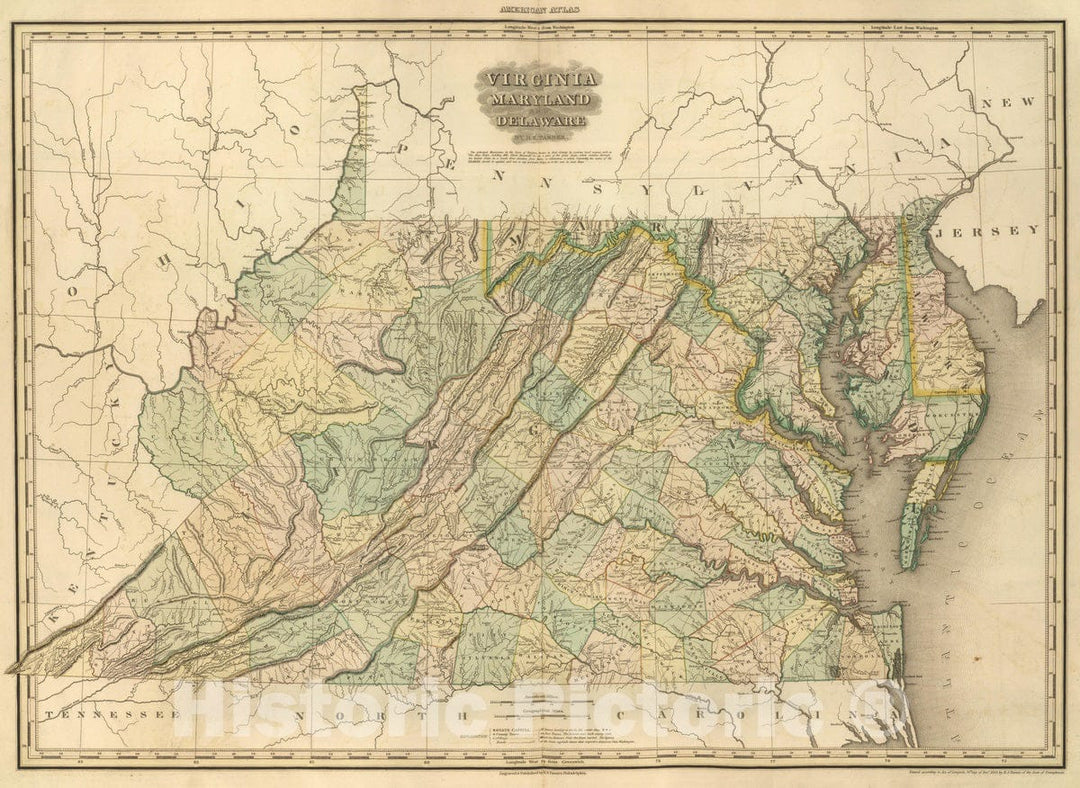 Historic Map : 1833 Virginia, Maryland, Delware. - Vintage Wall Art