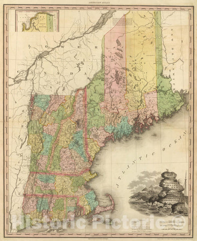 Historic Map : 1833 States of Maine, New Hampshire, Vermont, Massachusetts, Connecticut, Rhode Island. - Vintage Wall Art