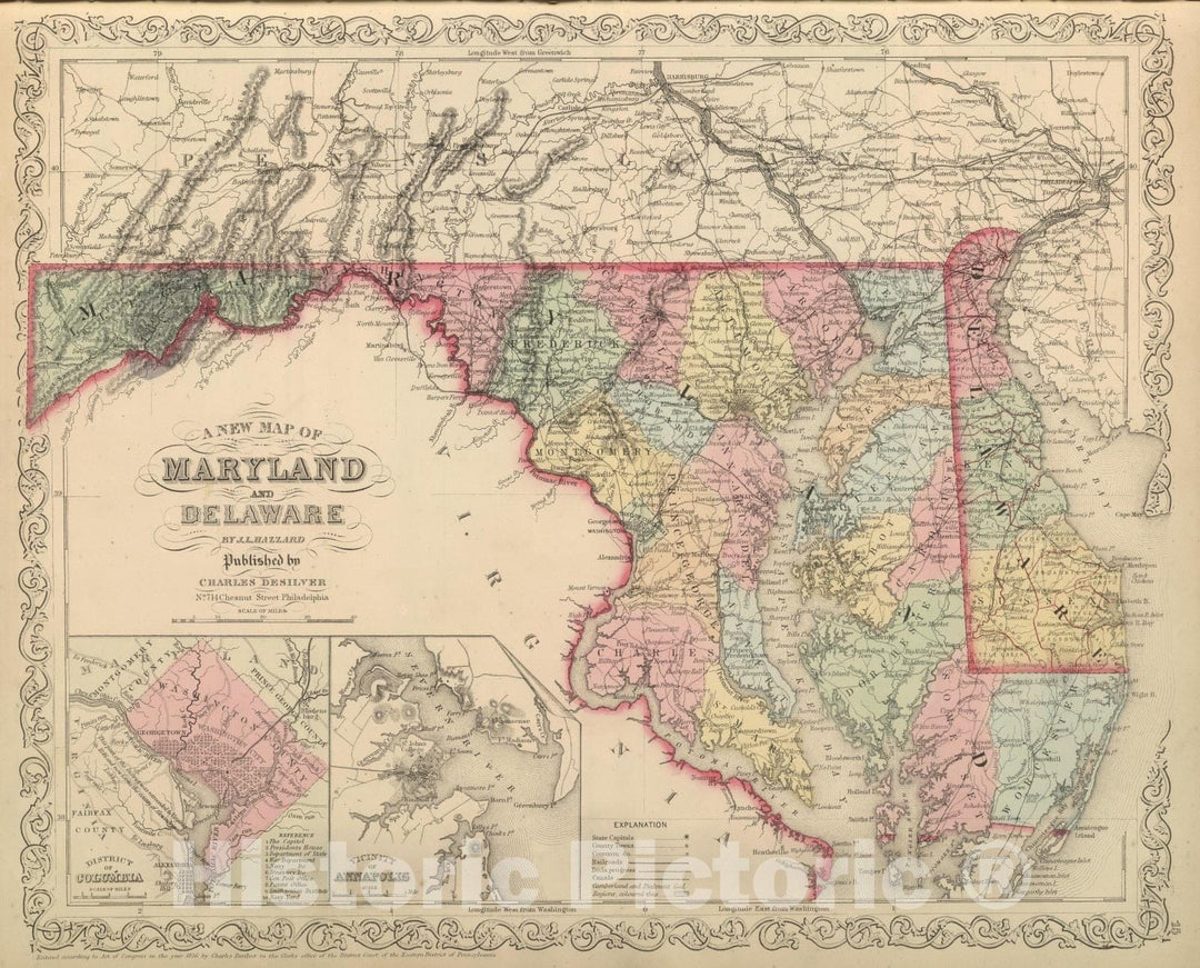 Historic Map : 1859 Maryland and Delaware. - Vintage Wall Art