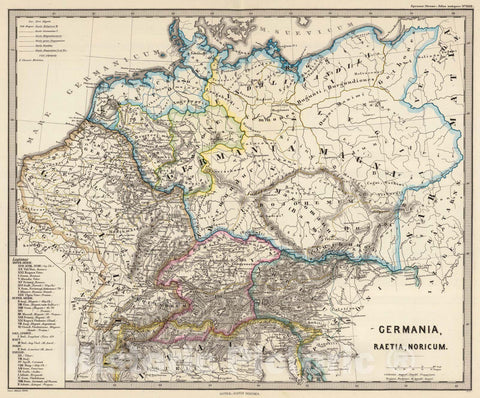 Historic Map : Austria; Germany, , Europe 1865 Germania, Raetia, Noricum. , Vintage Wall Art