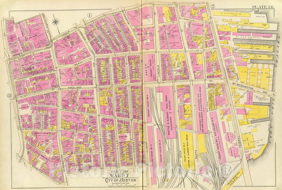Historic Map : City Atlas - 1895 14. Ward 7. - Vintage Wall Art