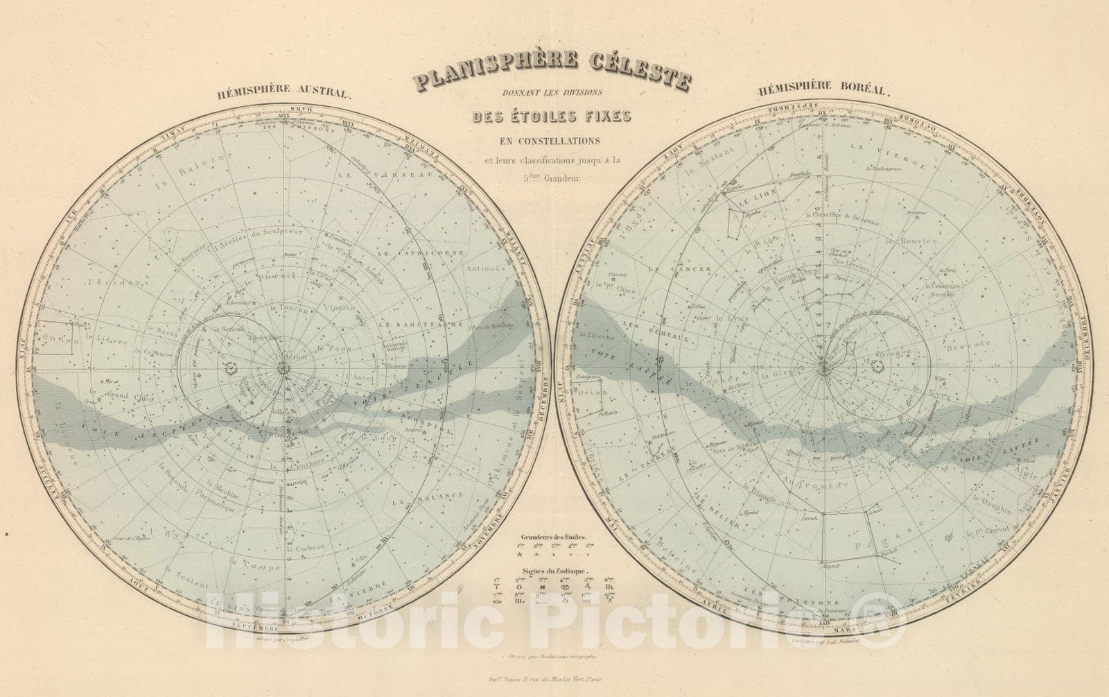Historic Map : 1892 Planisphere Celeste. Hemisphere Austral. Hemisphere Boreal. - Vintage Wall Art