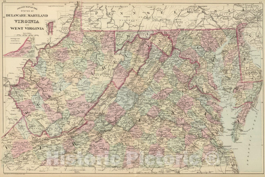 Historic Map : Delaware, 1884 Del, Md, Va, W. Va. , Vintage Wall Art