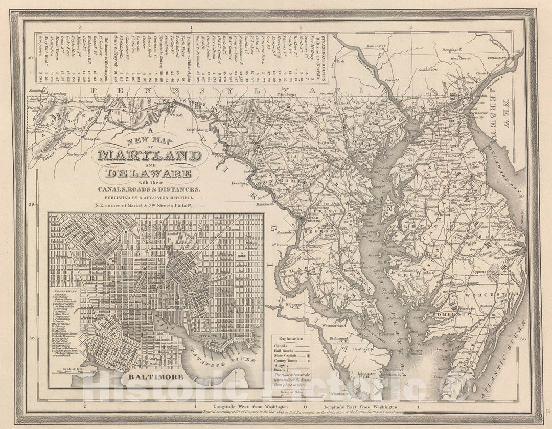 Historic Map : 1848 Maryland and Delaware. - Vintage Wall Art
