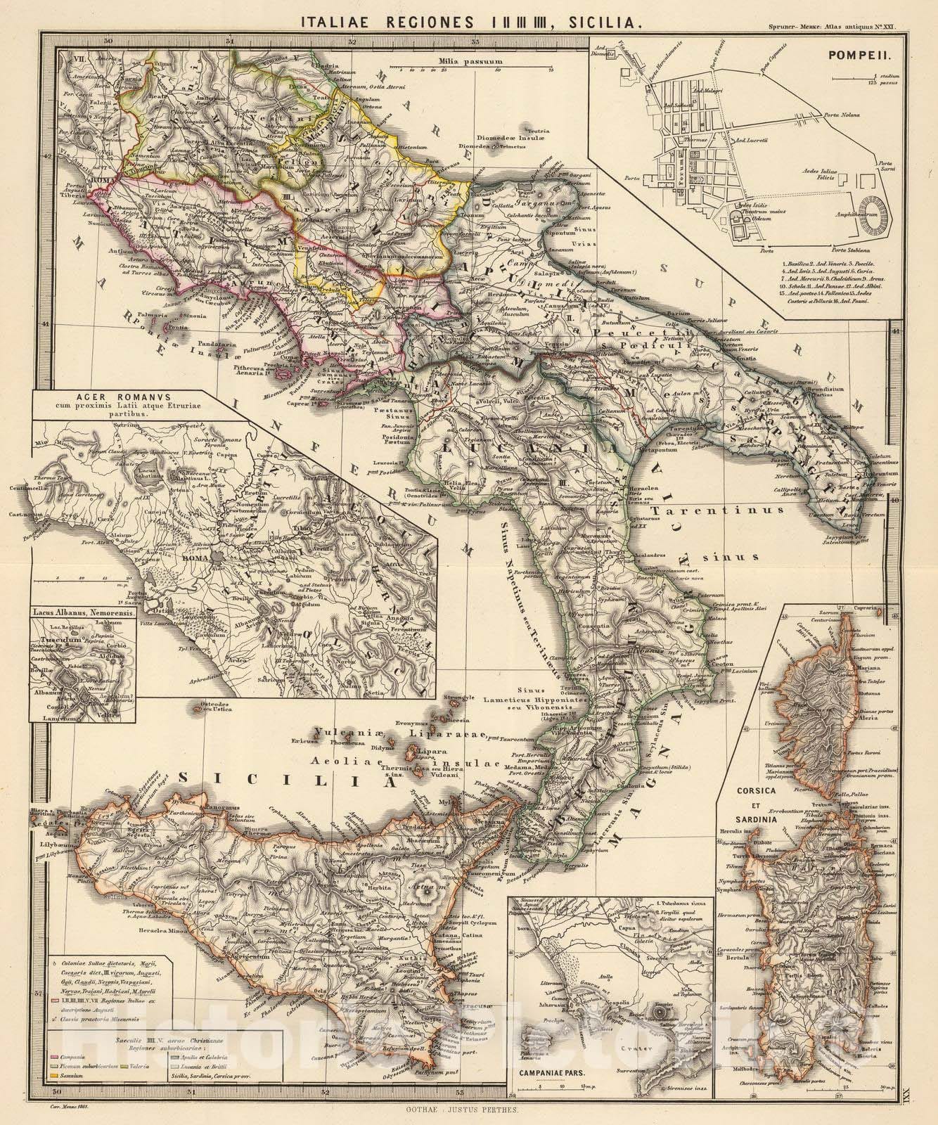 Historic Map : Italy , Pompeii (Extinct city), 1865 Italiae regiones I-IIII, Sicilia. , Vintage Wall Art