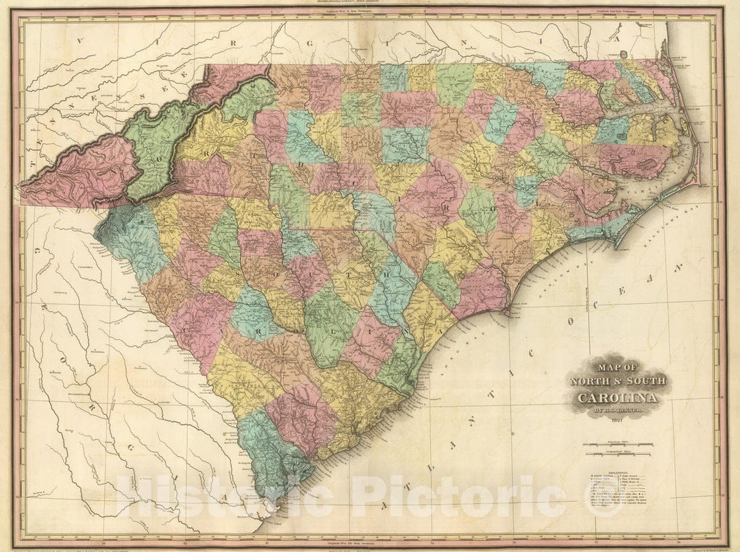 Historic Map : 1827 North & South Carolina. - Vintage Wall Art